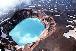 Blue acid lake of Maly Semlyachik Volcano.