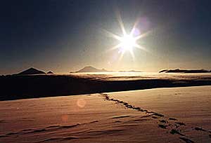 Sunset in snow tundra.